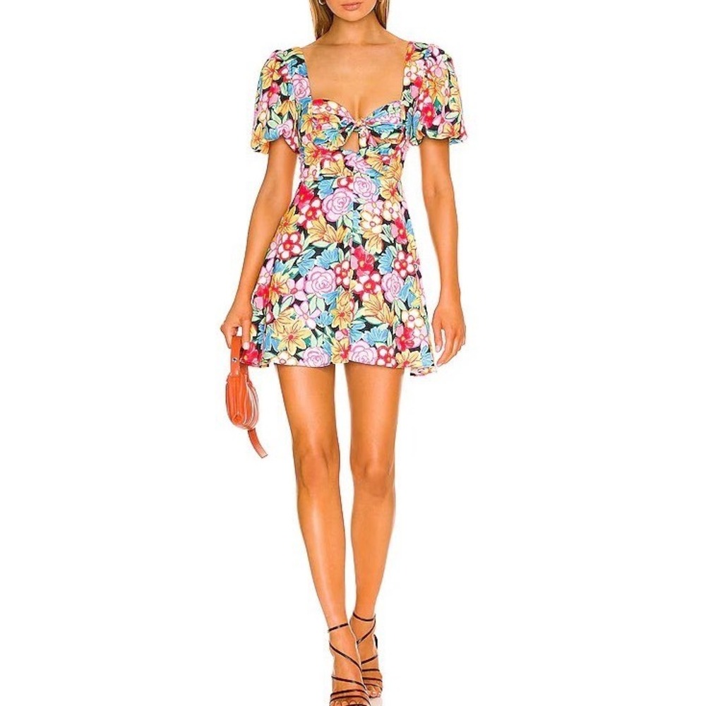 For Love & Lemons Mallory Floral-Print Cutout Puff Sleeve Satin Mini Dress XS